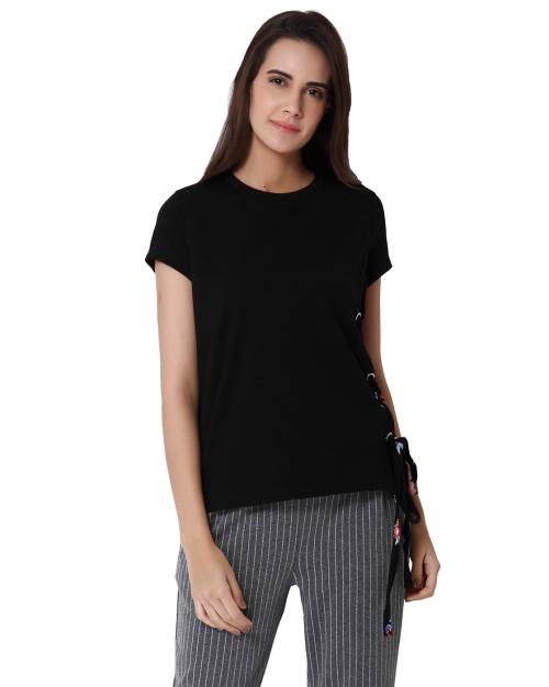 Round-Neck Top with Contrast Tie-Up