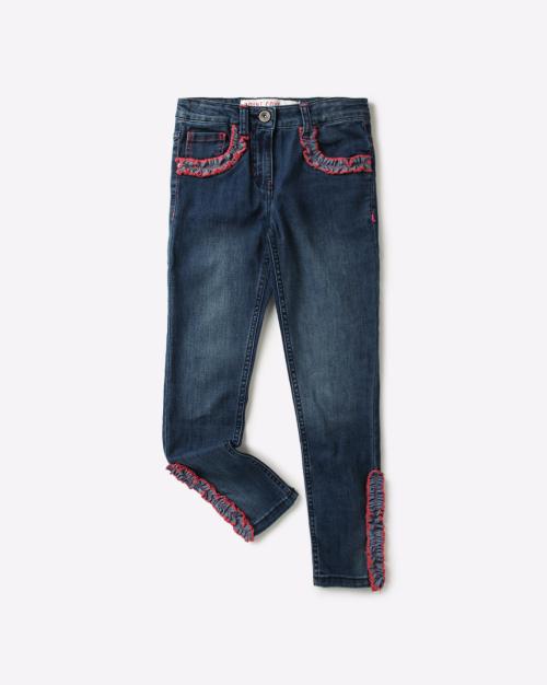 Lightly Washed Slim Stretch Jeans with Ruffles