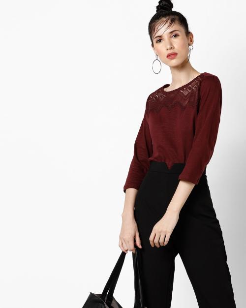 Heathered Crew-Neck Lace Yoke T-Shirt