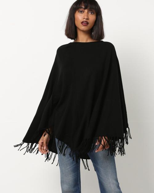 Poncho with Fringed Hemline
