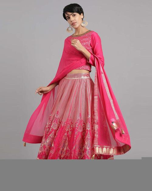 Flared Lehenga Choli & Dupatta with Woven Motifs