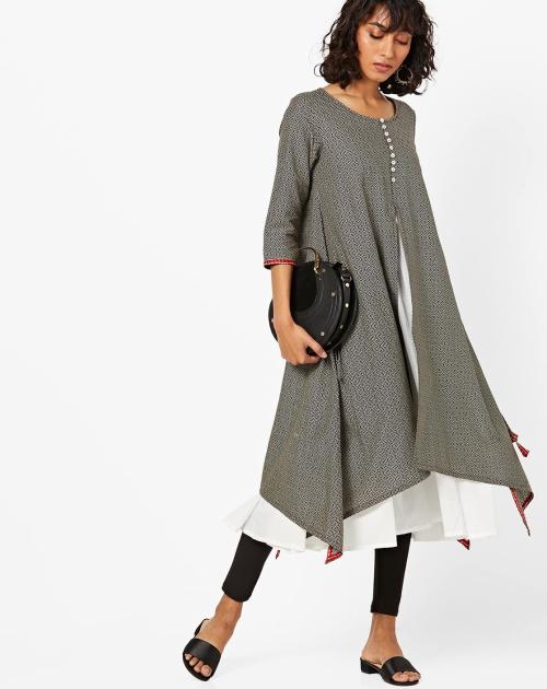 Geometric Print Asymmetrical Flared Kurta