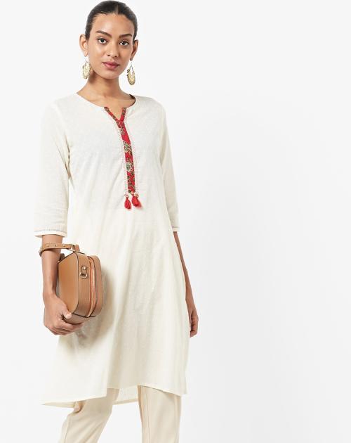 Textured Flared Kurta with Fringe Styling