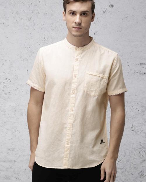 Slim Fit Linen Shirt with Band Collar