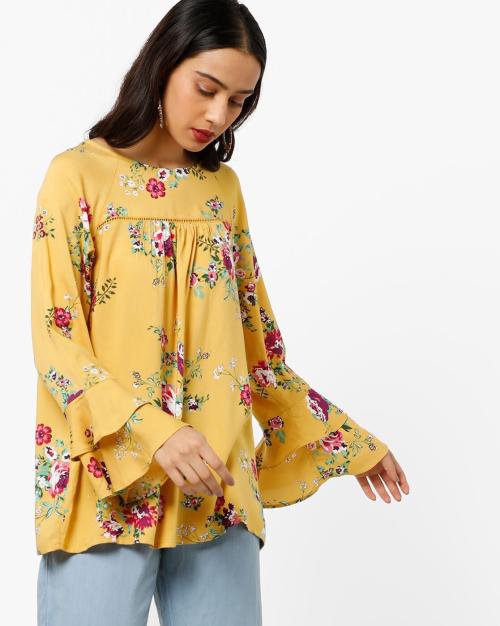Floral Print Top with Tiered Flounce Sleeves