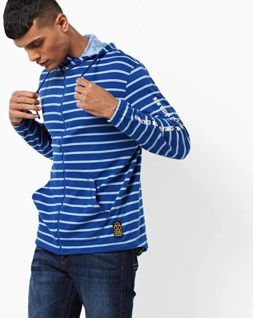 Striped Zip-Front Hooded T-shirt