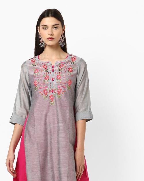 Layered Straight Kurta with Floral Embroidered Yoke