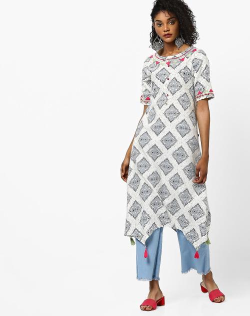 Printed Straight Kurta with Asymmetrical Hemline