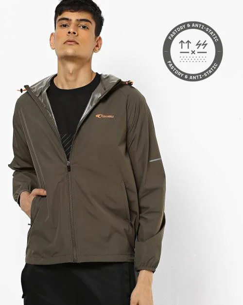 Wind Breaker Zip-Front Hooded Jacket with Insert Pockets