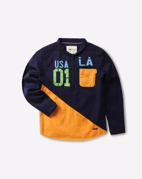 Typographic Print Panelled Shirt with Patch Pocket