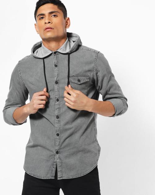 Slim Fit Cotton Shirt with Hoodie