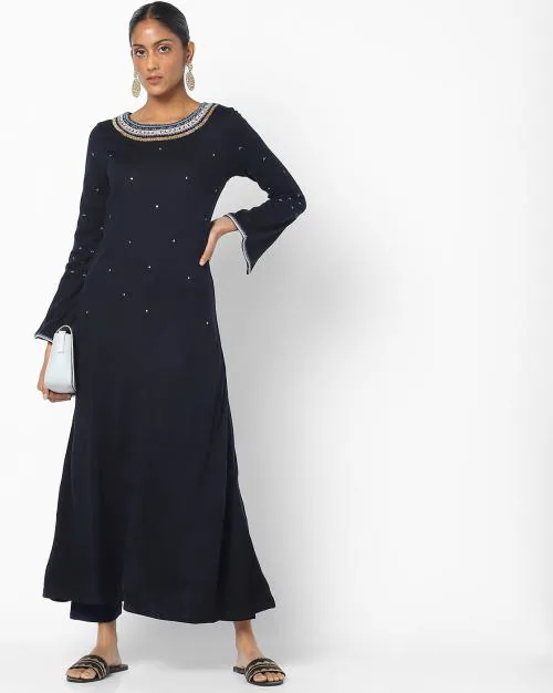 A-line Ankle-Length Kurta with Bell Sleeves