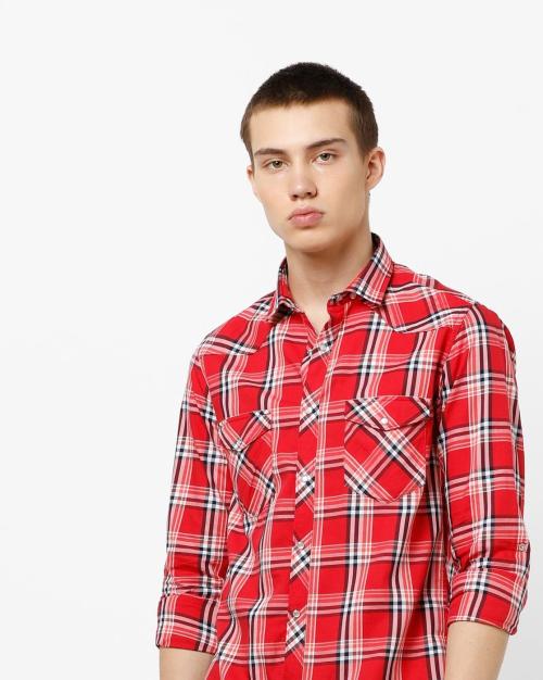 Checked Slim Fit Shirt with Buttoned Flap Pockets JioMart