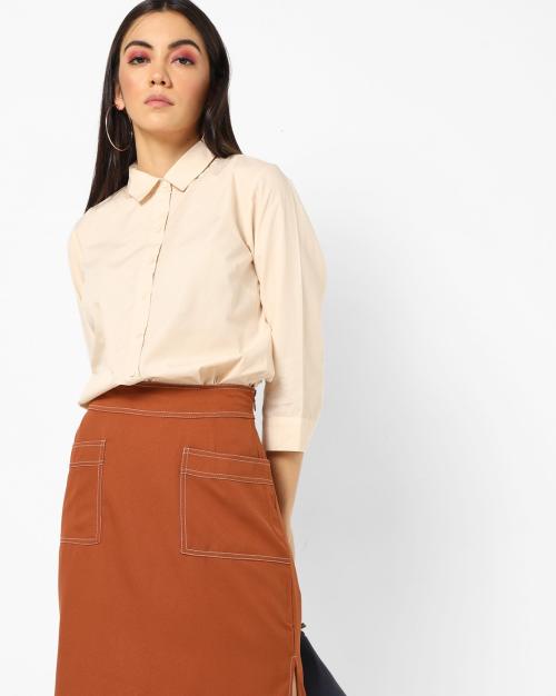 Cotton Shirt with Curved Hemline