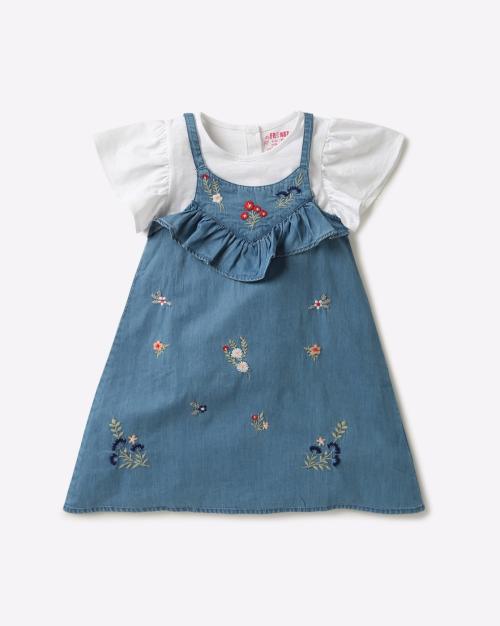 Floral Pattern A-line Denim Dress with Top