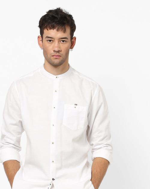 Band Collar Shirt with Patch Pocket