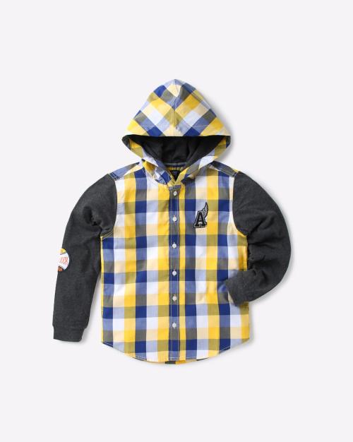 Checked Hooded Shirt with Contrast Sleeves