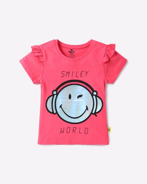 Smiley Print Round-Neck T-shirt with Ruffled Panels