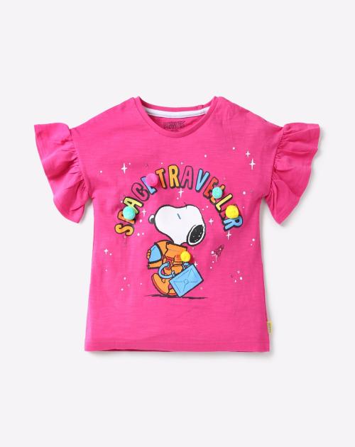 Printed Crew-Neck T-shirt with Pom-Poms