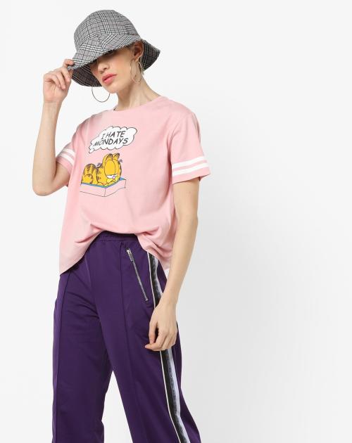 Garfield Print Drop-Shoulder Top with Contrast Stripes