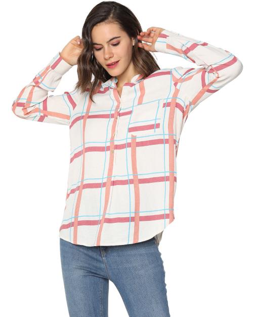 High-Low Checked Top with Patch Pocket