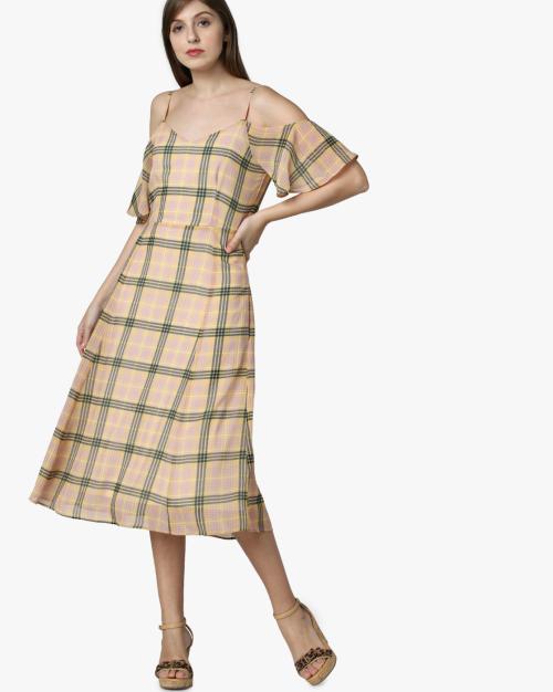Checked Cold-Shoulder Dress