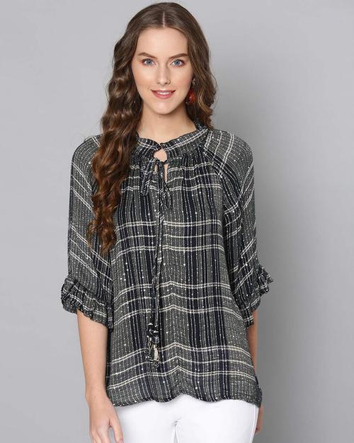 Loose Fit Checked Tie-Up Neck Top