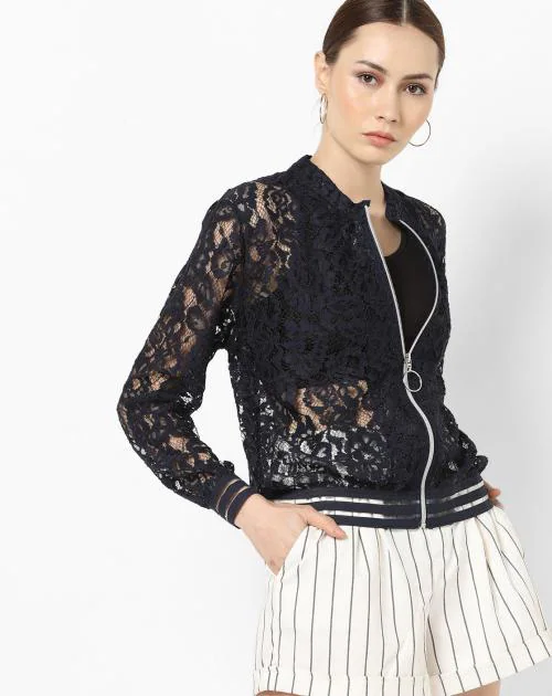 Zip-Front Lace Bomber Jacket