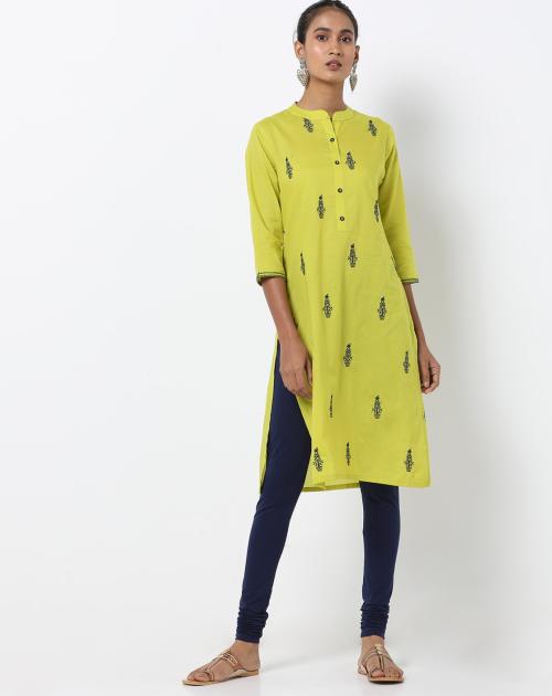 Floral Print Straight Kurta & Churidar Set