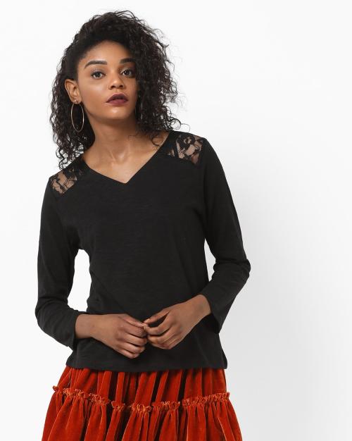 V-neck Full-Sleeves Top with Mesh