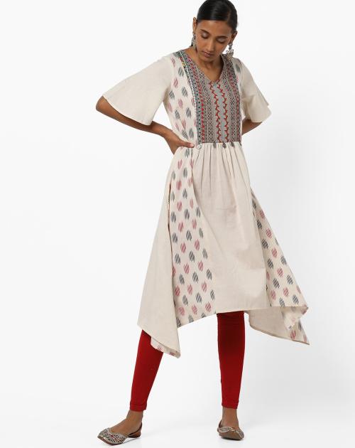 Ikat Madhubani Fish-Cut Kurti with Contrast Yoke
