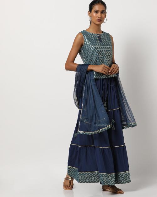 Printed Kurti with Flared Skirt & Dupatta Set
