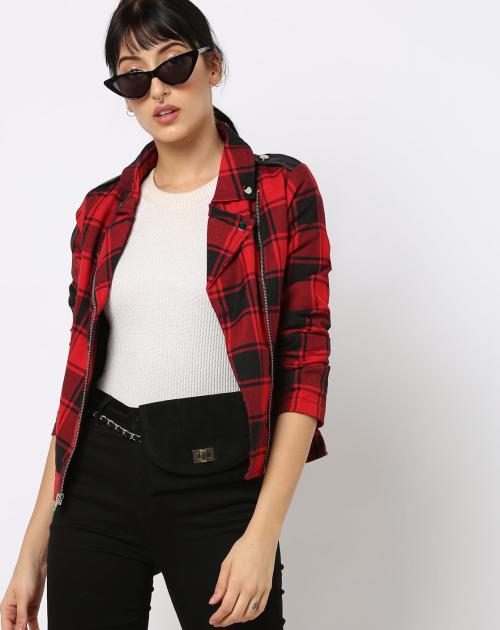 Zip-Front Plaid Jacket with Epaulettes