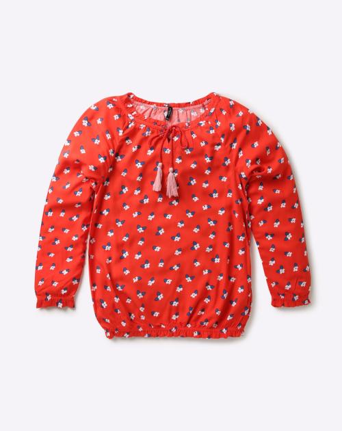 Smocked Floral Print Top with Tie-Up