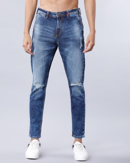Washed Distressed Slim Fit Jeans with Whiskers