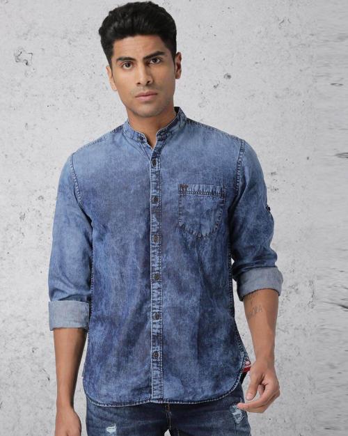 Washed Slim Fit Denim Shirt with Mandarin Collar
