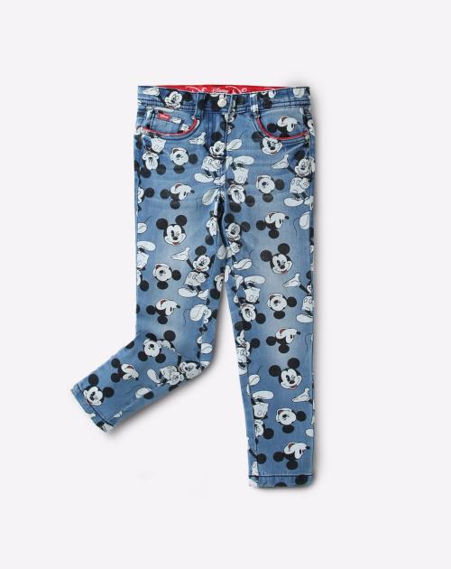 Mickey Mouse Print Mid-Wash Jeans