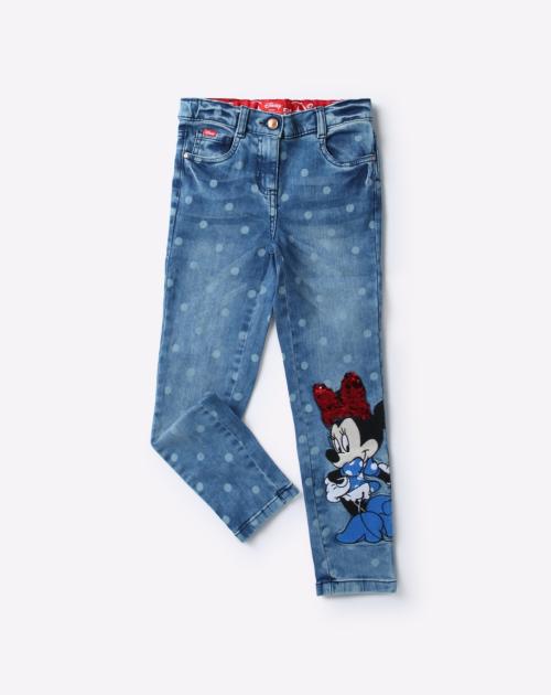 Polka Dot Print Jeans with Minnie Mouse applique