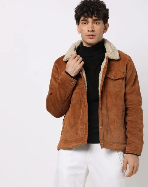 Textured Jacket with Fur-Lined Collar