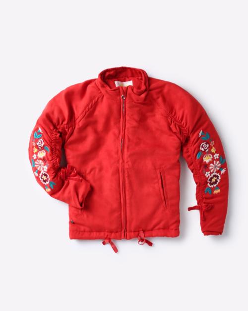 Zip-Front Floral Pattern Jacket with Ruched Sleeves