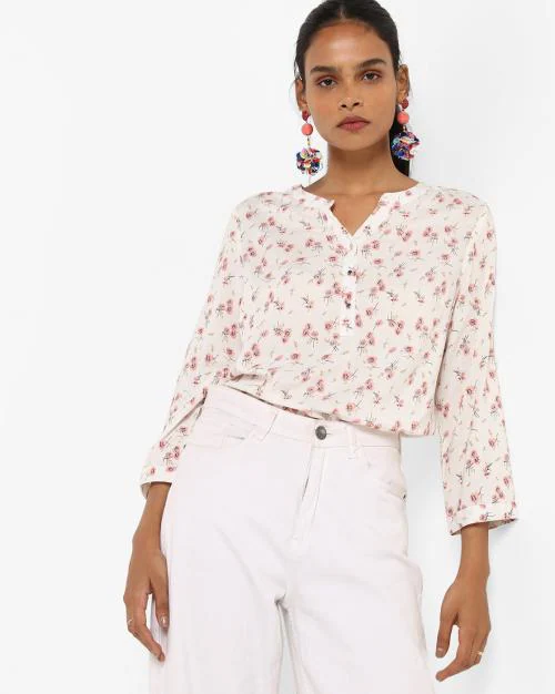 Floral Print Top with Notched Band Collar