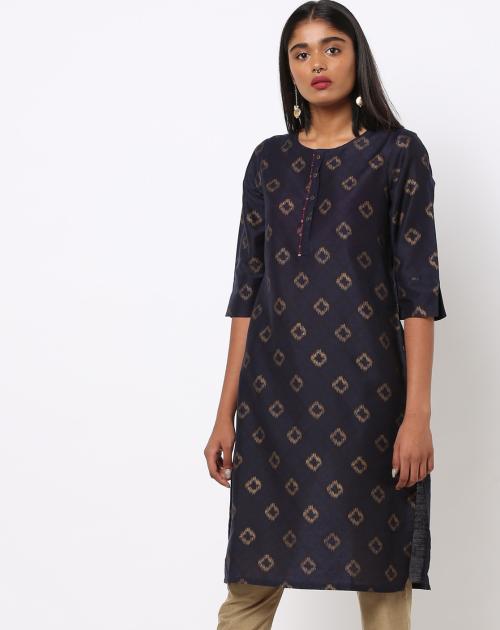Printed Straight Kurta with Vented Cuffs