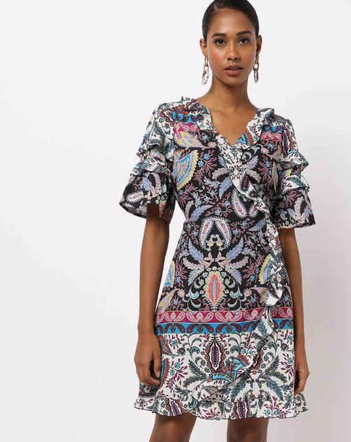 Printed A-line Wrap Dress with Ruffled Trims
