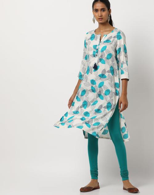Leaf Print Straight Kurta with Tassel