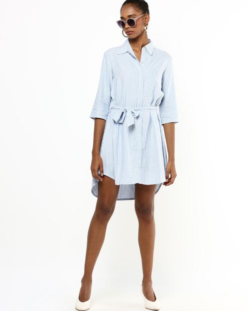 Striped Shirt Dress with Waist Tie-Up
