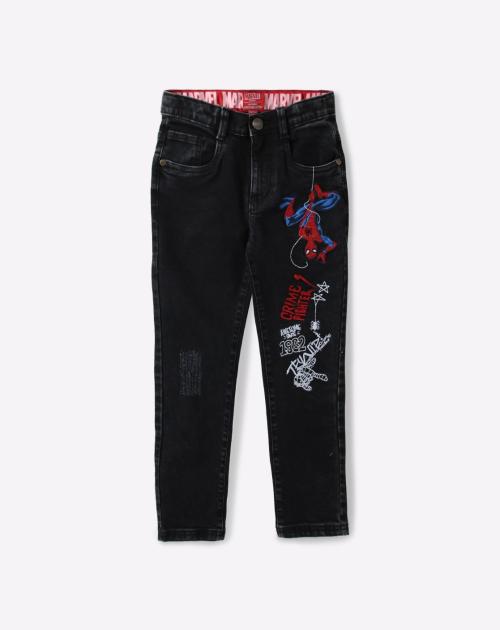 Spiderman Print Mid-Rise Washed Jeans