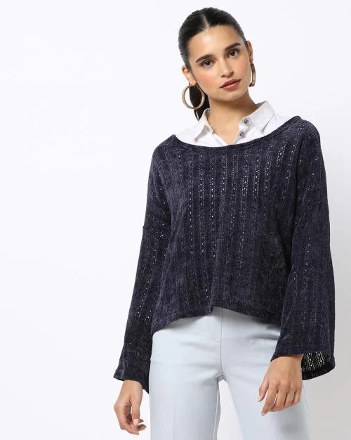 Textured Scoop-Neck Knit Top with Boxy Sleeves