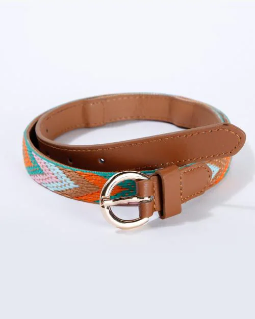 Chevron Embroidered Belt with Buckle Closure