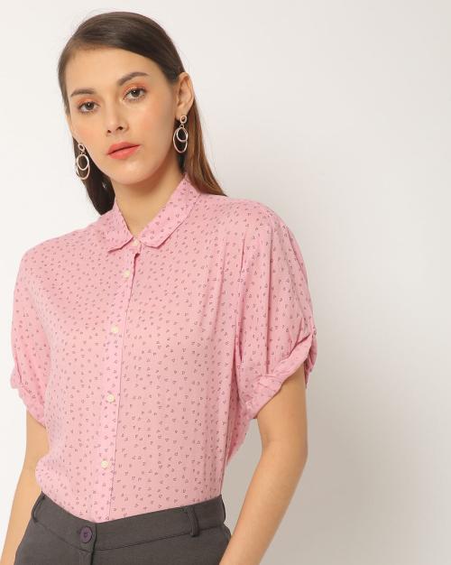 Micro Print Shirt with Curved Hemline
