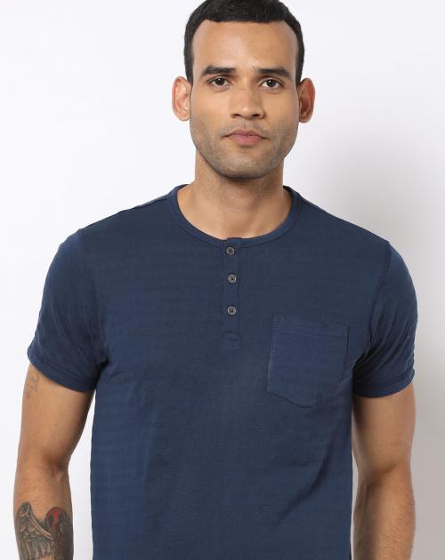 Self-Striped Pocket Henley T-shirt